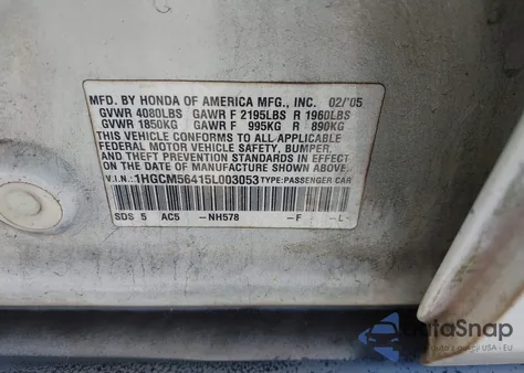 2005 Honda Accord 2.4 Lx из США, поврежденный, VIN 1HGCM56415L003053